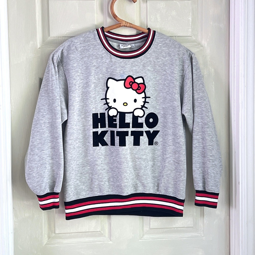 Hello Kitty Sweatshirt Flocked L Women Graphic Gray Striped Trim Sanriocore